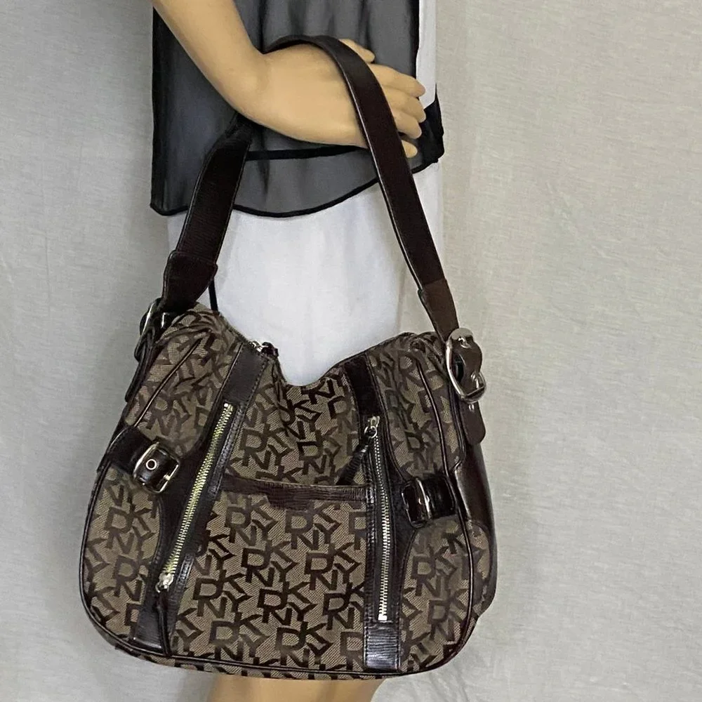 DKNY Brown Tan All Over Logo Fabric Hobo Bag
